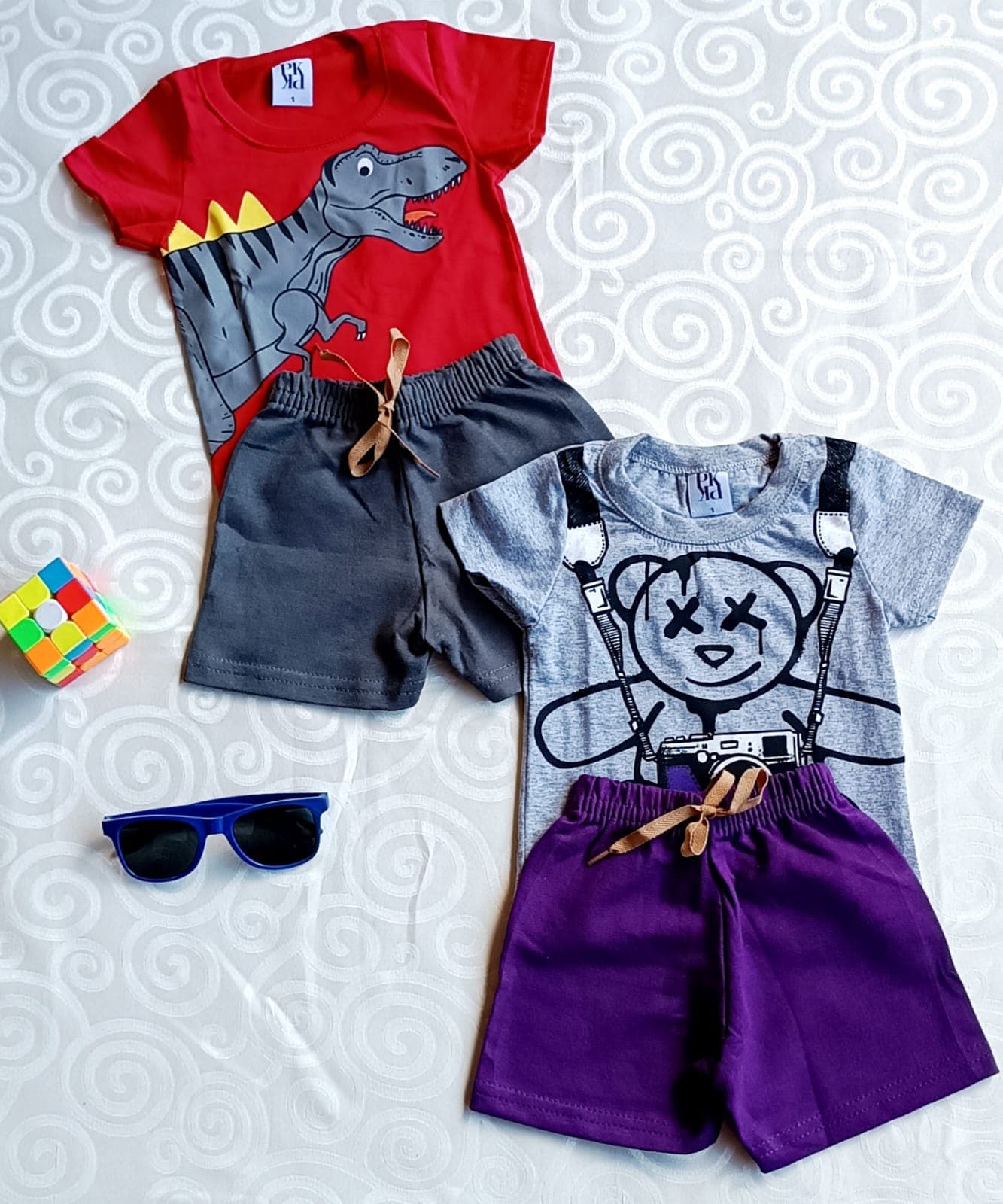 Kit 2 Conjuntos Infantil Menino Dino T Rex e Urso Suspensorio