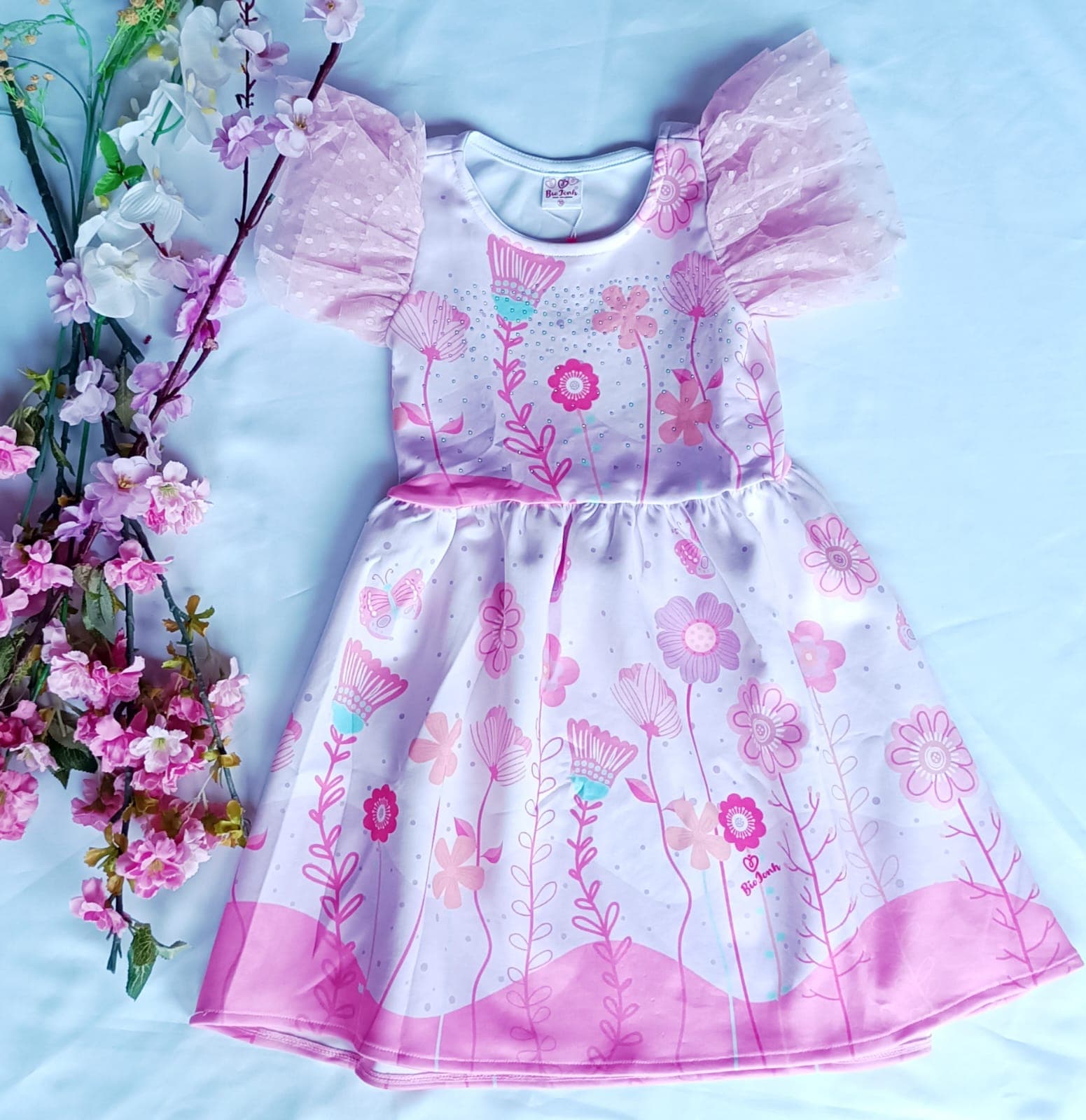 Vestido Infantil Menina Floral Manga de Tule Rosa Nº 10