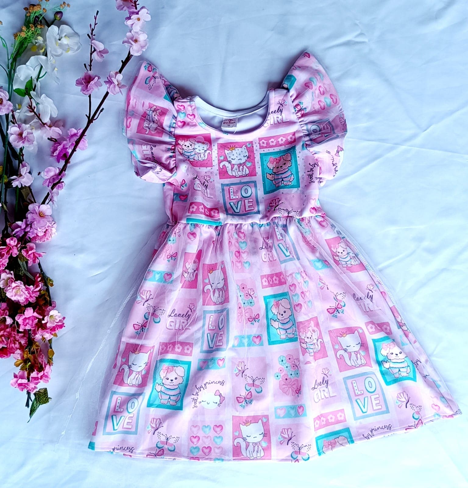 Vestido Infantil Menina Estampa Ursos Manga Bufante Rosa Nº 10