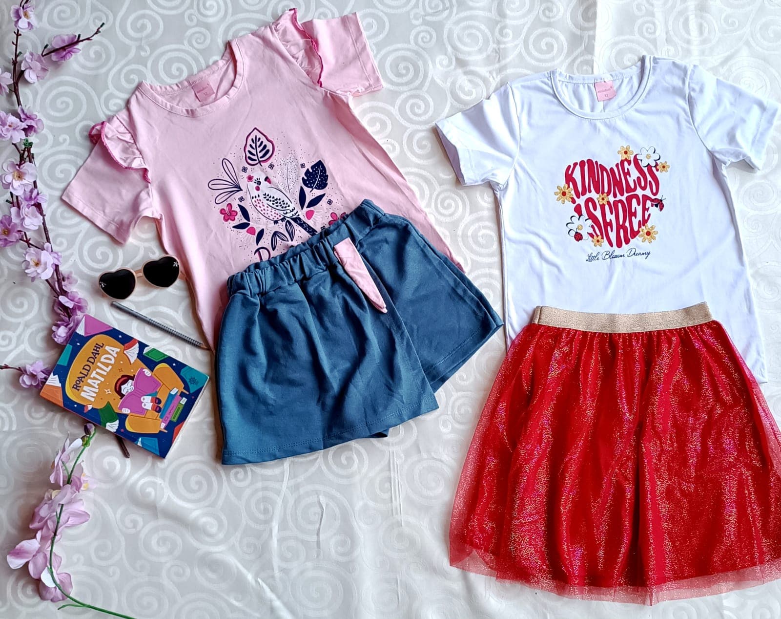 Kit 2 Conjuntos Infantil Menina Flores Rosa e Kindness