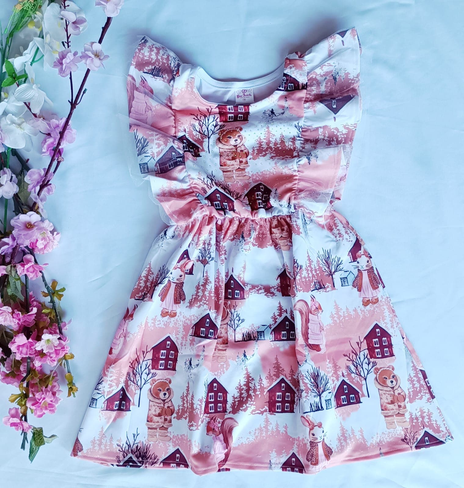 Vestido Infantil Menina Estampa Casinhas Manga Bufante Rosa Nº 10