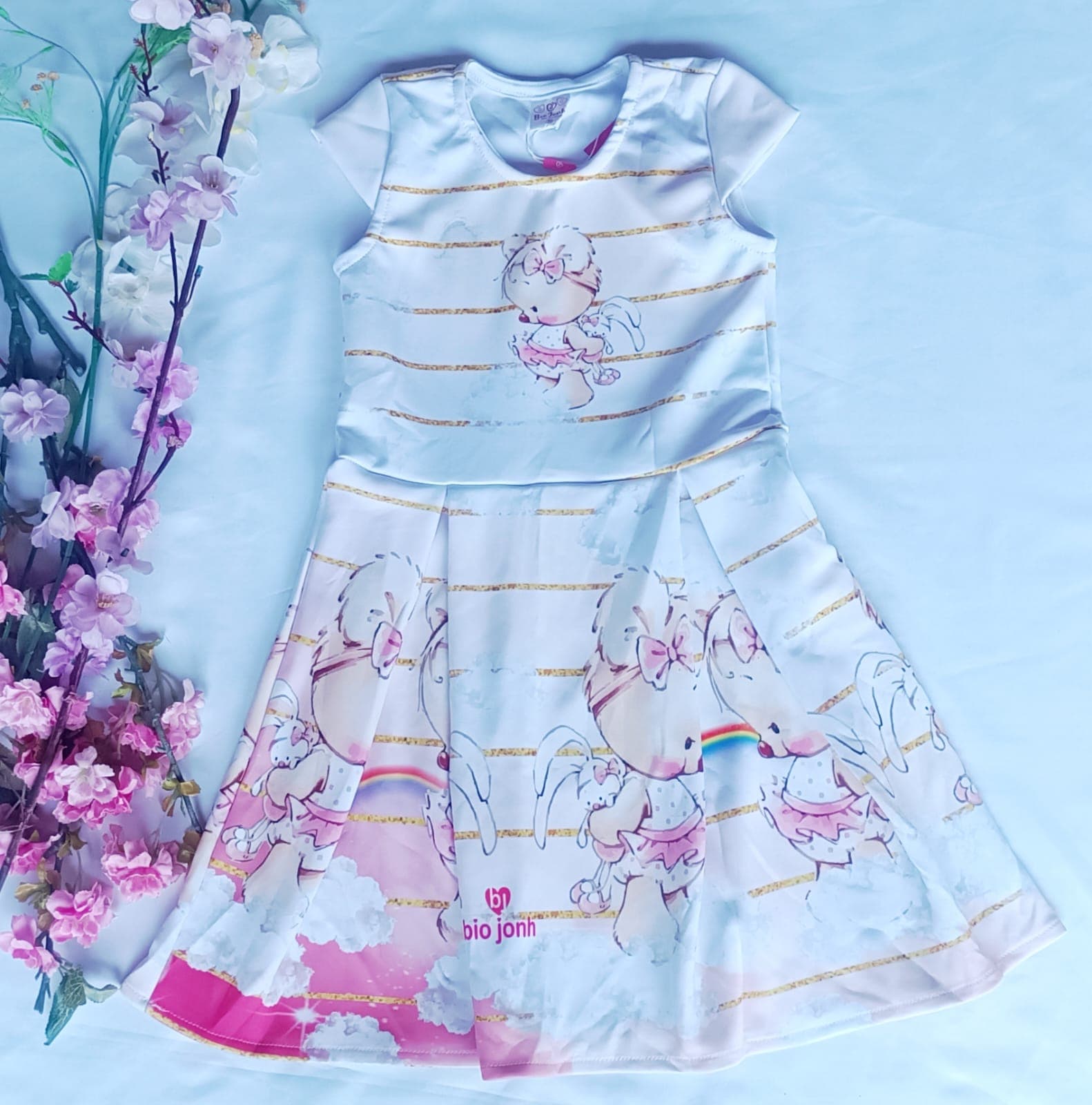 Vestido Infantil Menina Coelhos Manga Curta Branco Nº 10