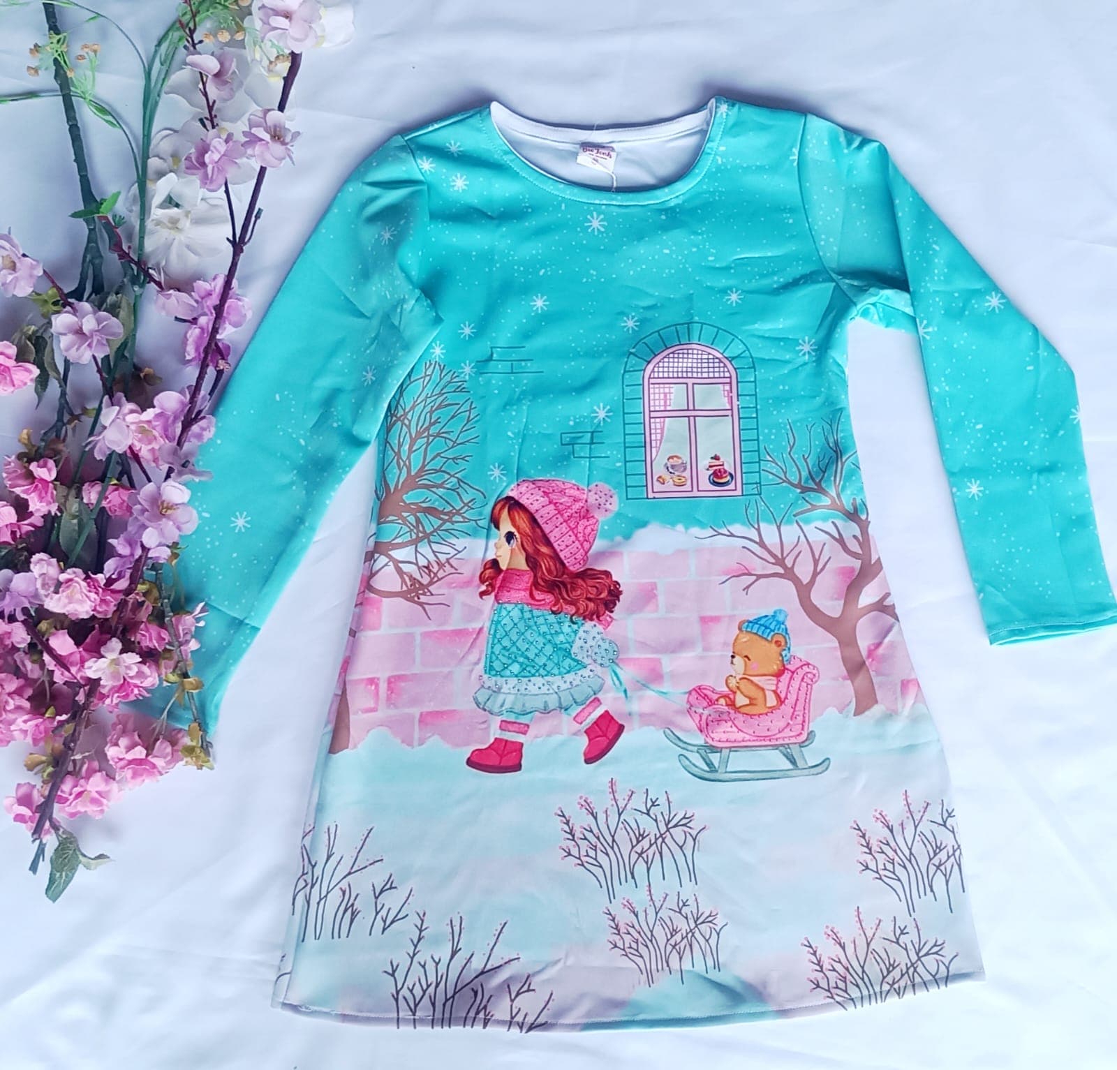 Vestido Infantil Menina Manga Longa Estampa Inverno Verde-Água Nº 10