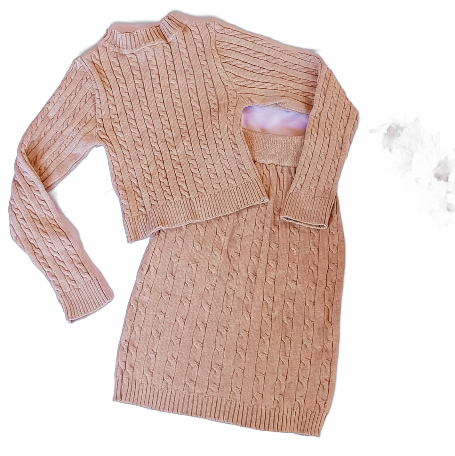 Conjunto Trico Feminino Bege Cardiga e Vestido