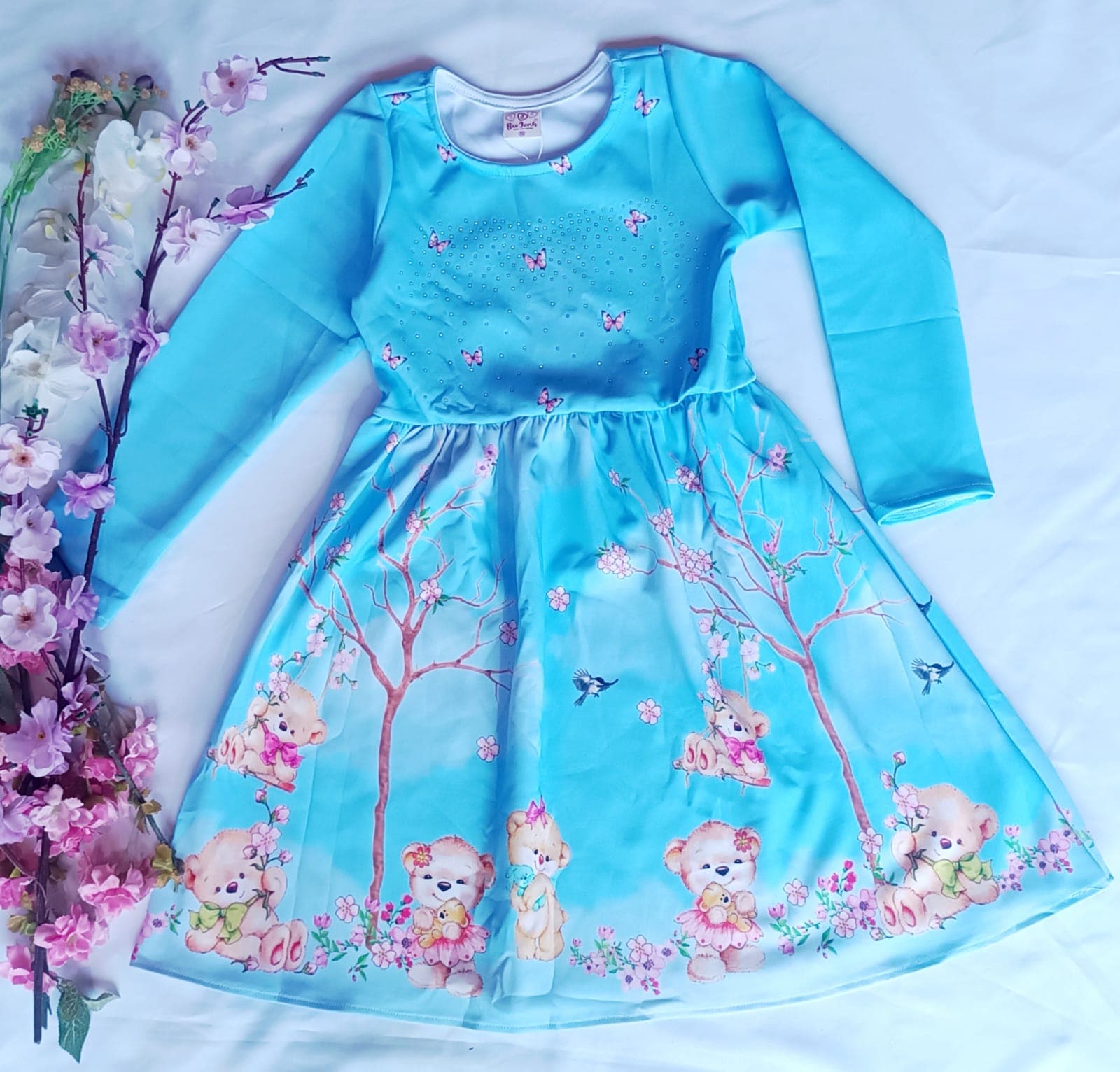 Vestido Infantil Menina Manga Longa Gatinhos Azul Nº 10