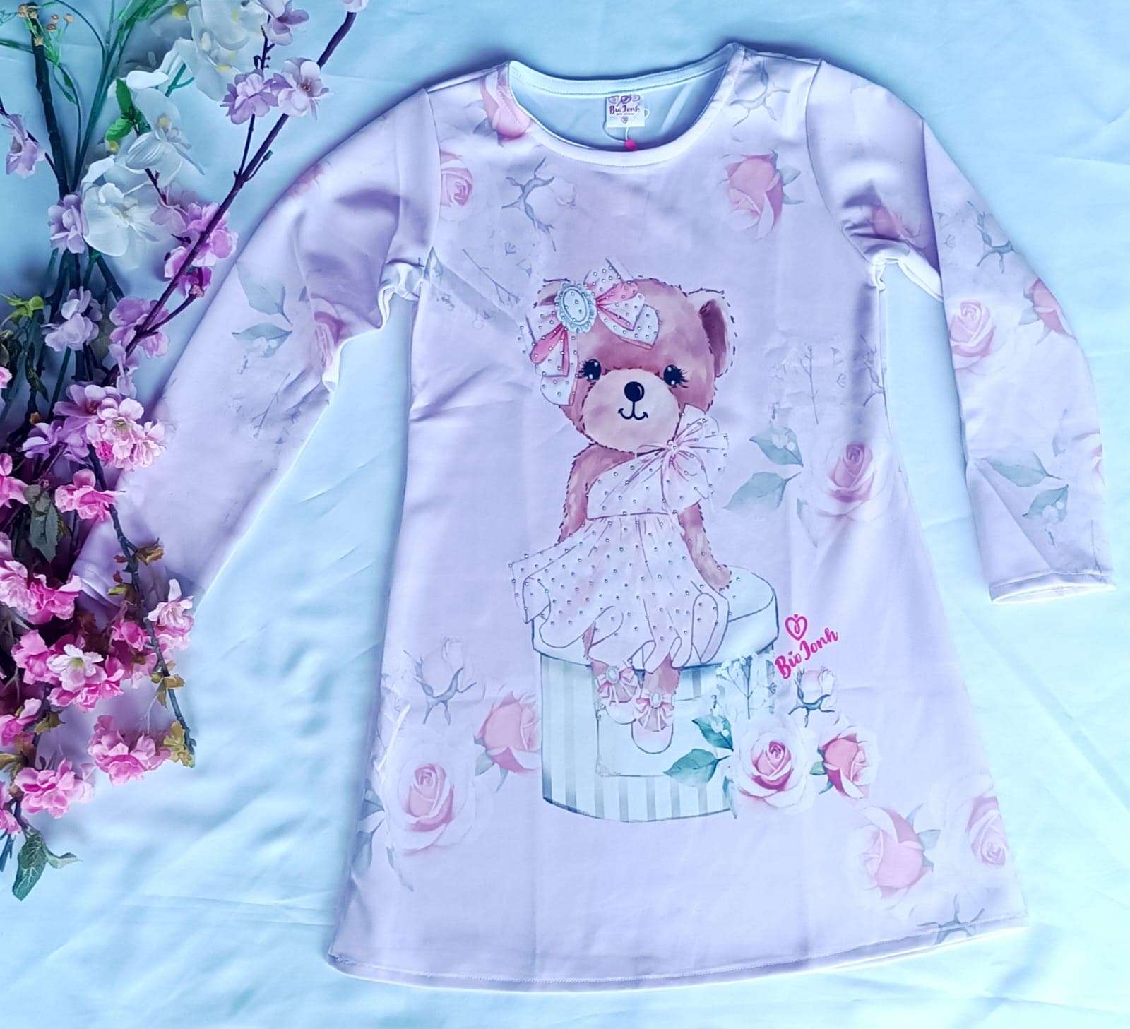 Vestido Infantil Menina Manga Longa Ursinho Lilás Nº 10