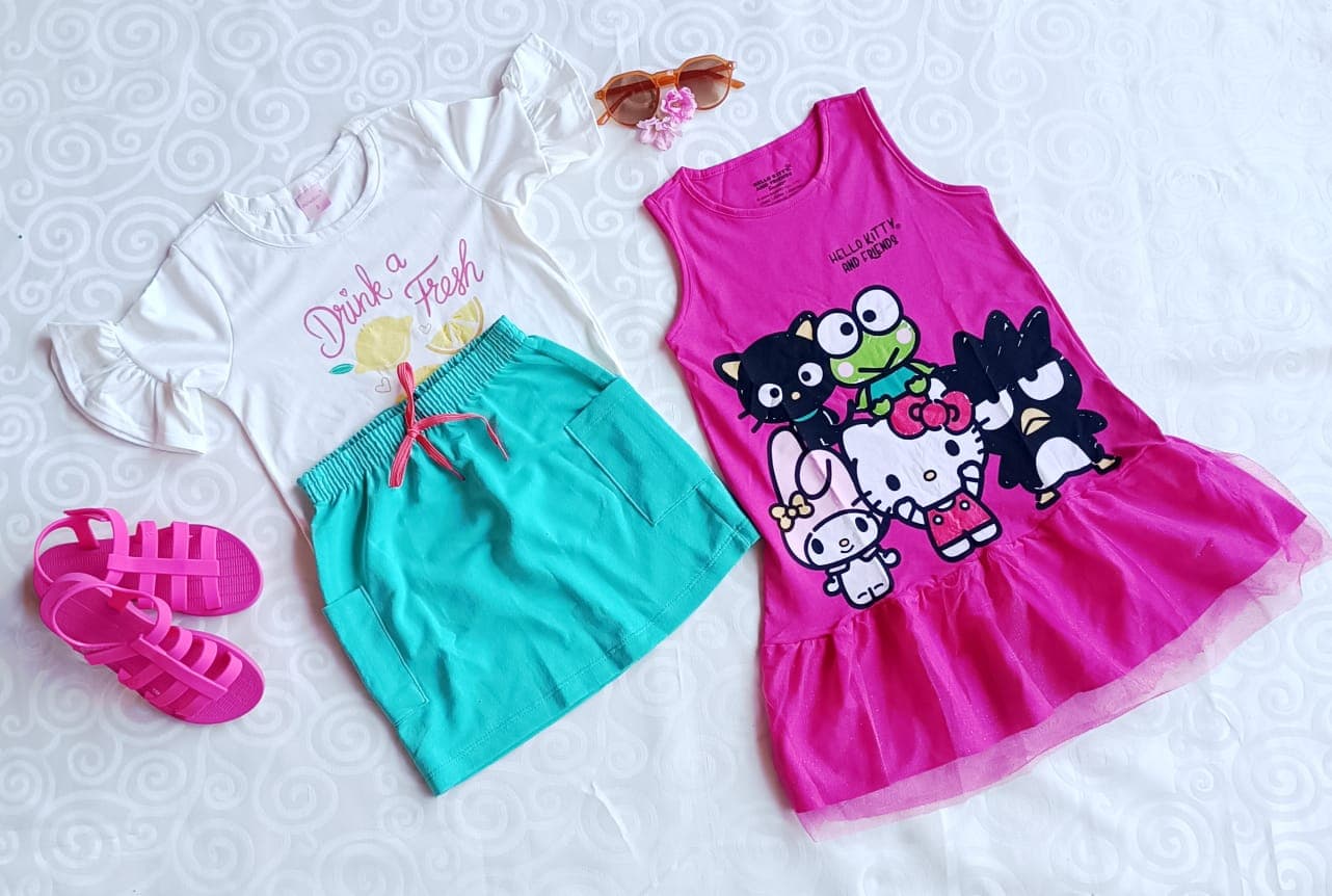 Kit Infantil Menina Conjunto Drink a Fresh e Vestido Hello Kitty