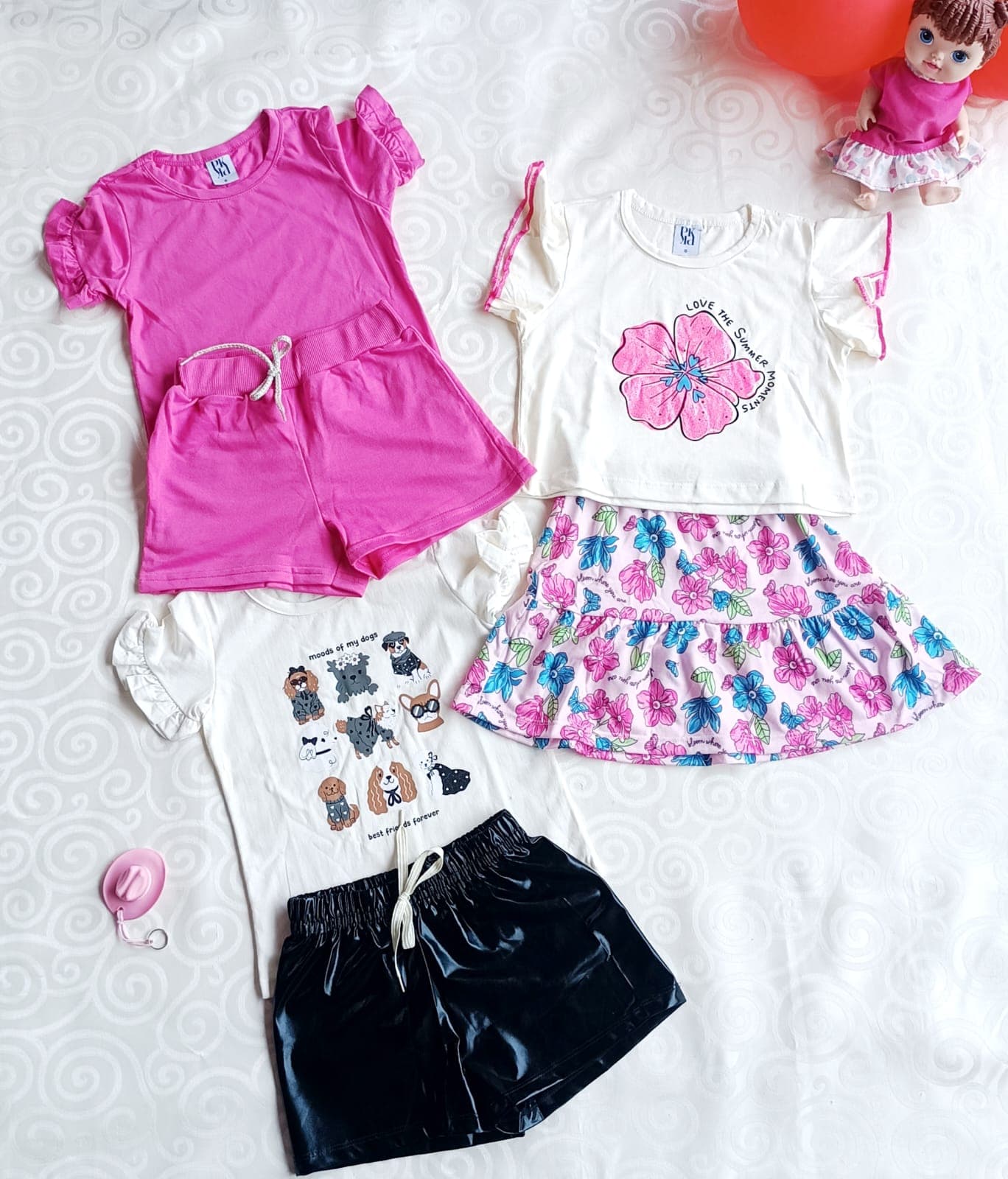 Kit 3 Conjuntos Infantil Menina Pink Liso Flor e Cachorrinhos