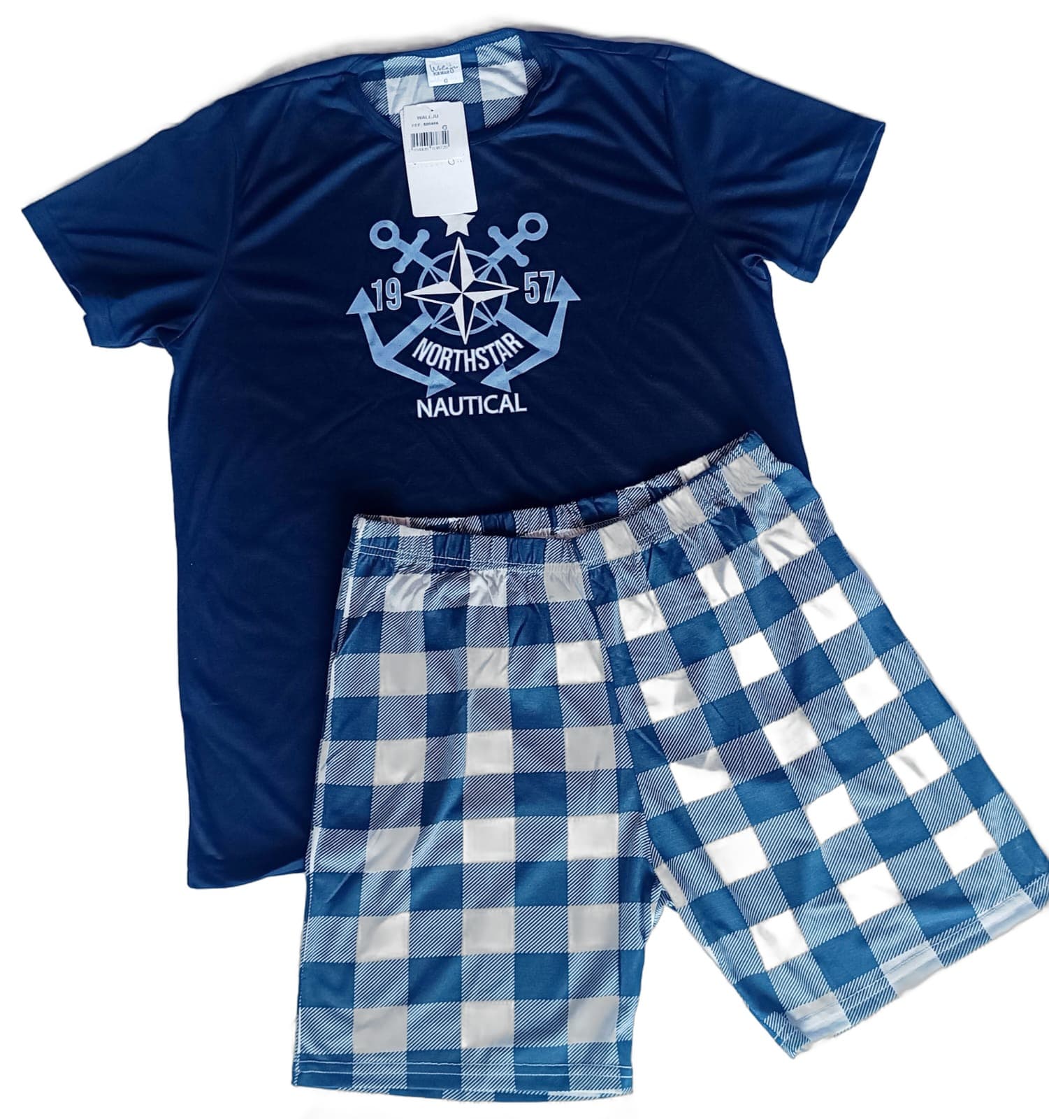 Pijama Masculino Camiseta Northstar Nautical e Bermuda Xadrez Azul