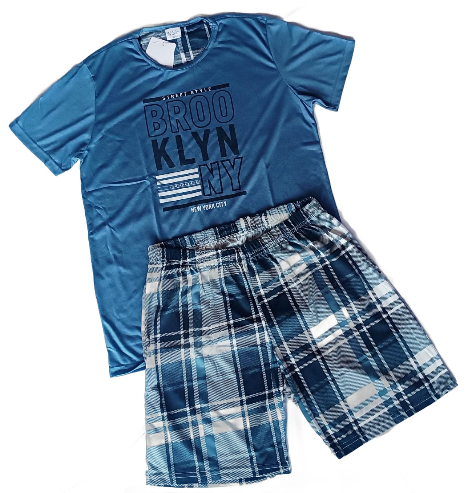 Pijama Masculino Camiseta Brooklyn NY e Bermuda Xadrez Azul