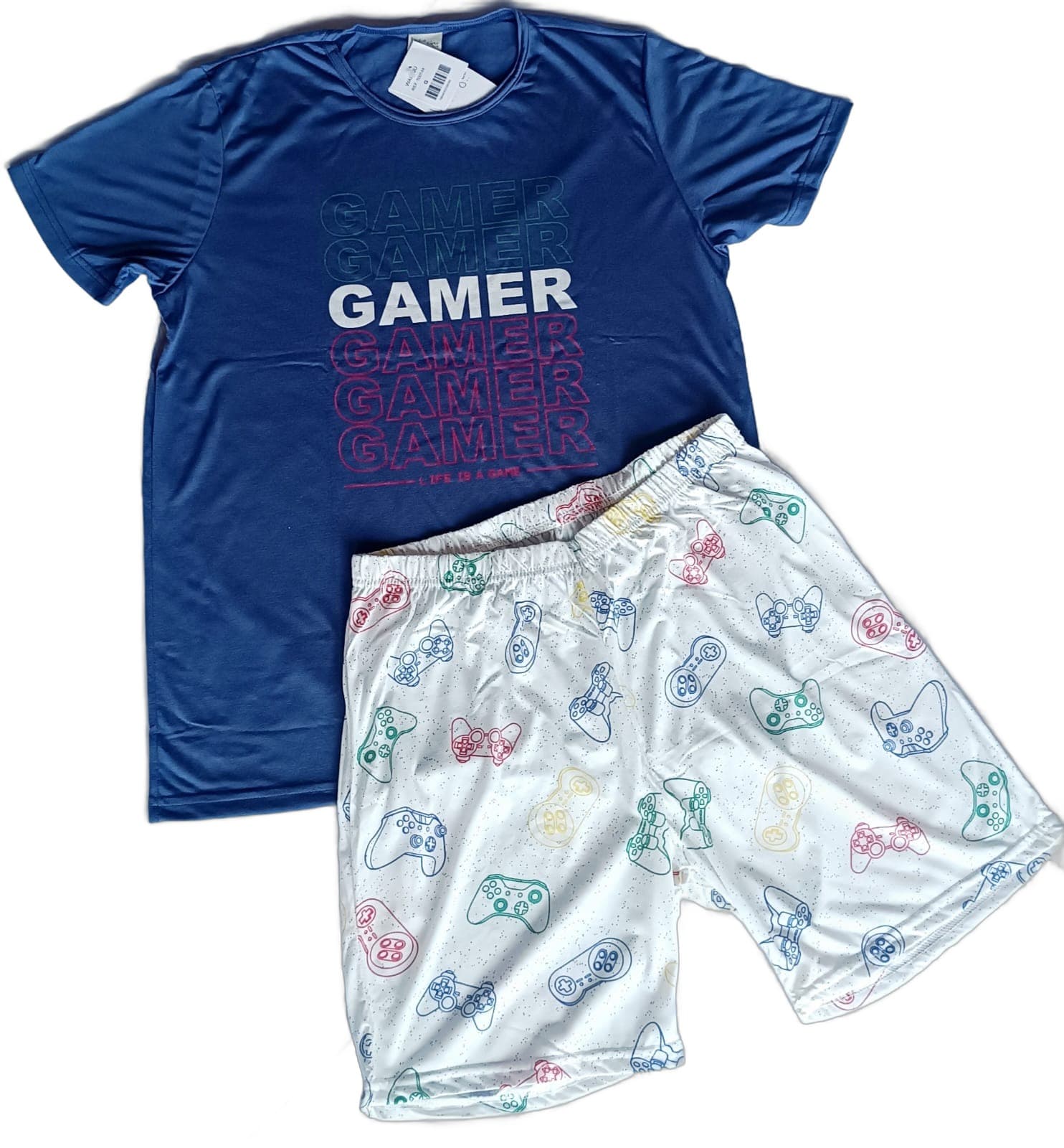 Pijama Masculino Camiseta Gamer Marinho e Bermuda Estampa Controles