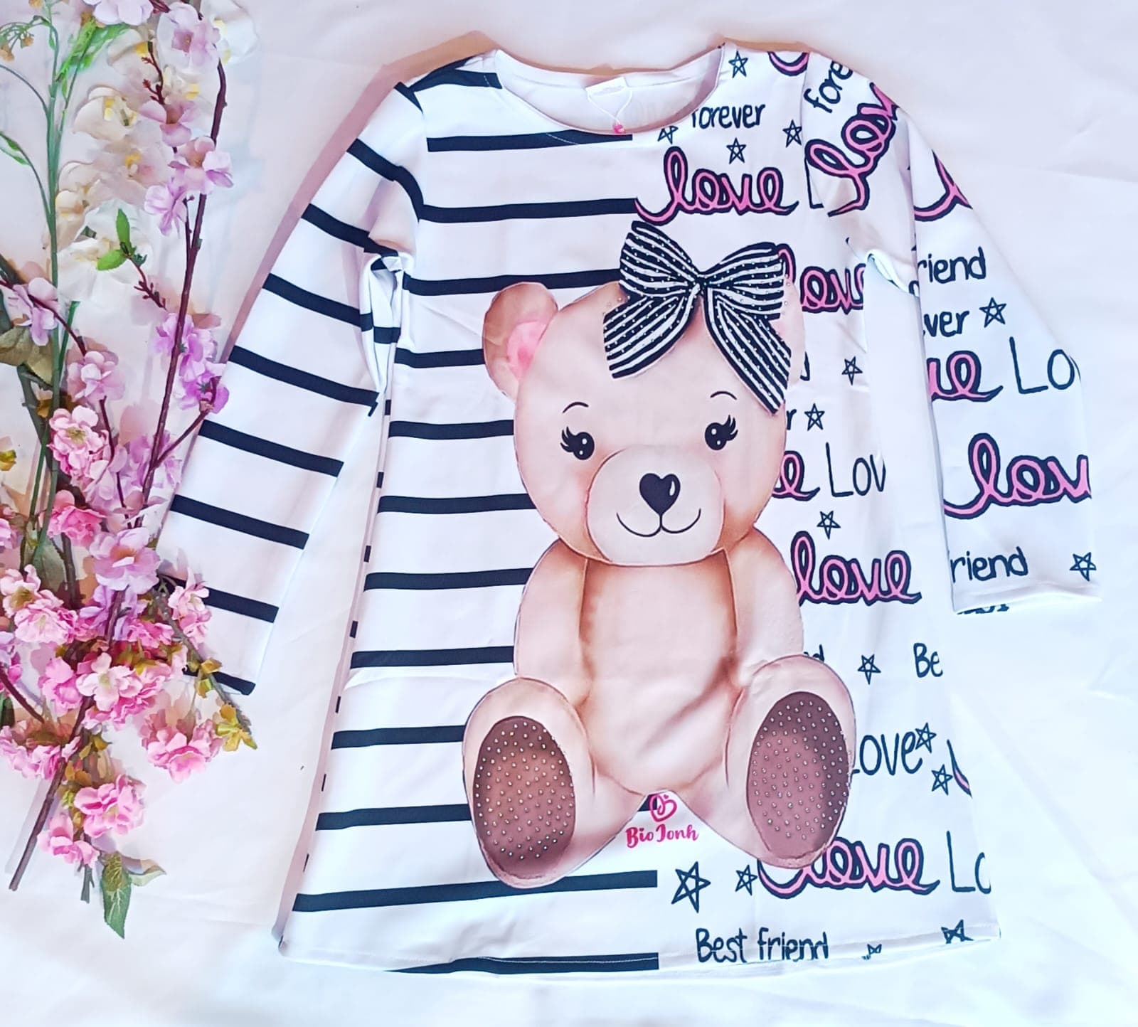 Blusa Infantil Menina Manga Longa Urso com Laço Listrada Nº 10