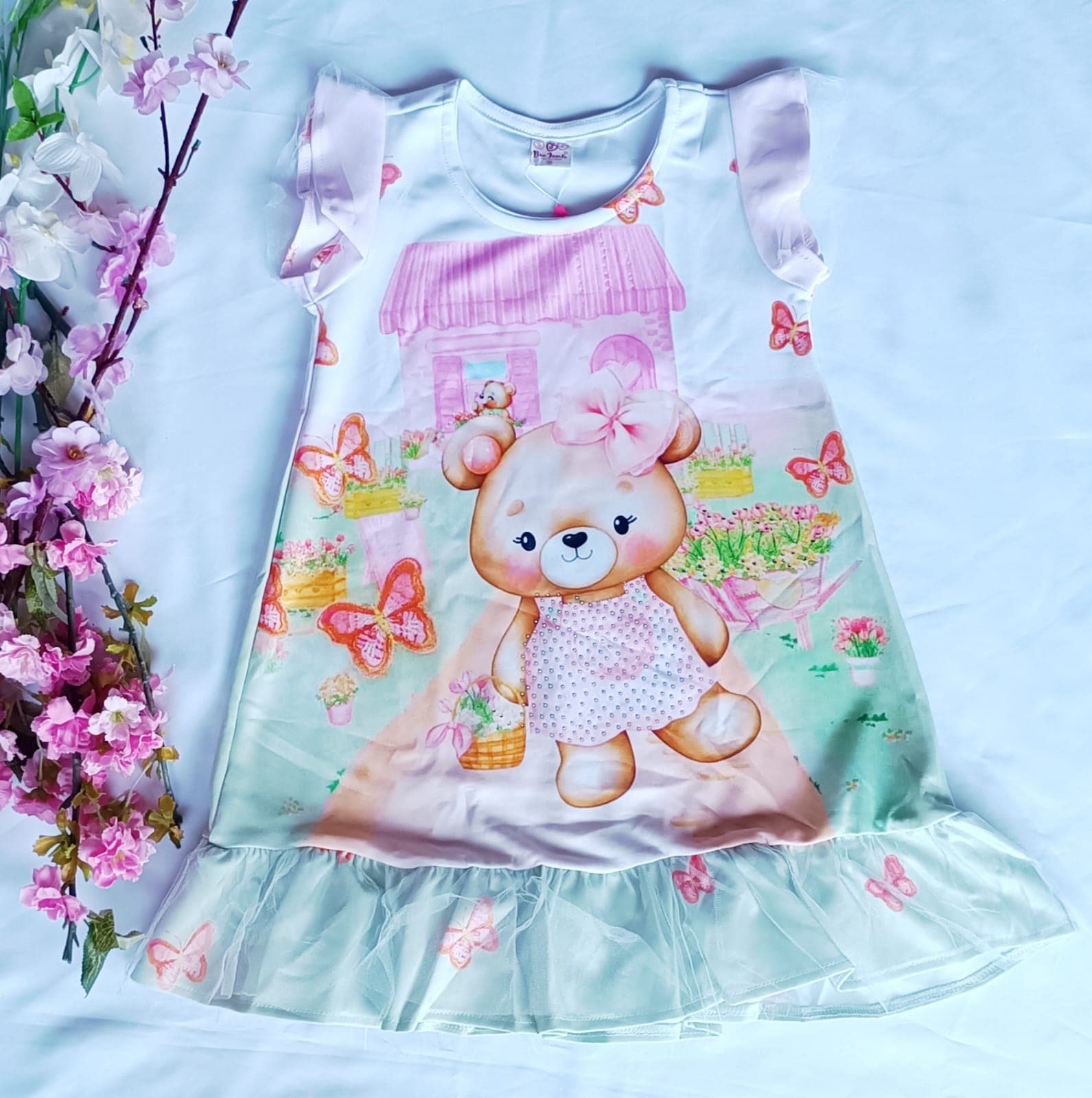 Vestido Infantil Menina Ursinho Manga Curta Verde Nº 10