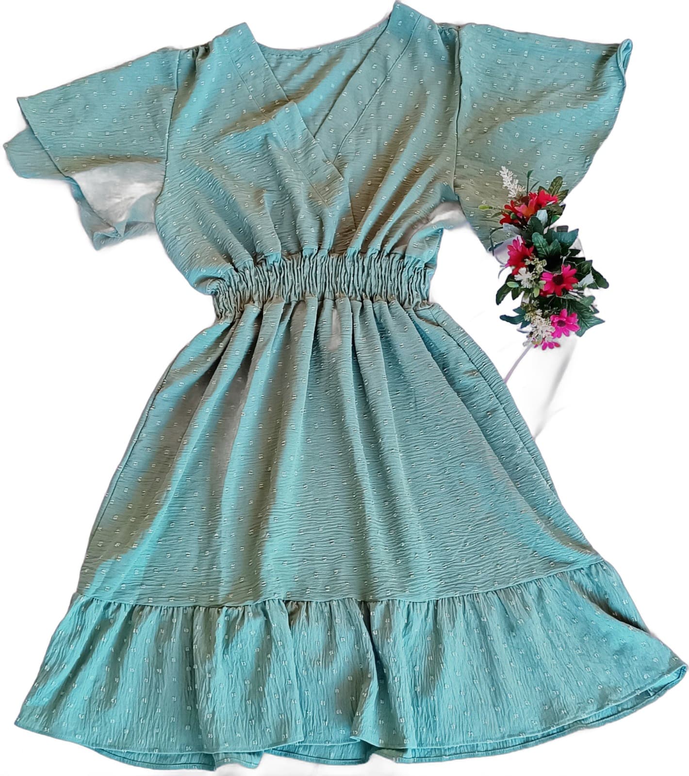 Vestido Verde Agua Poa com Amarracao