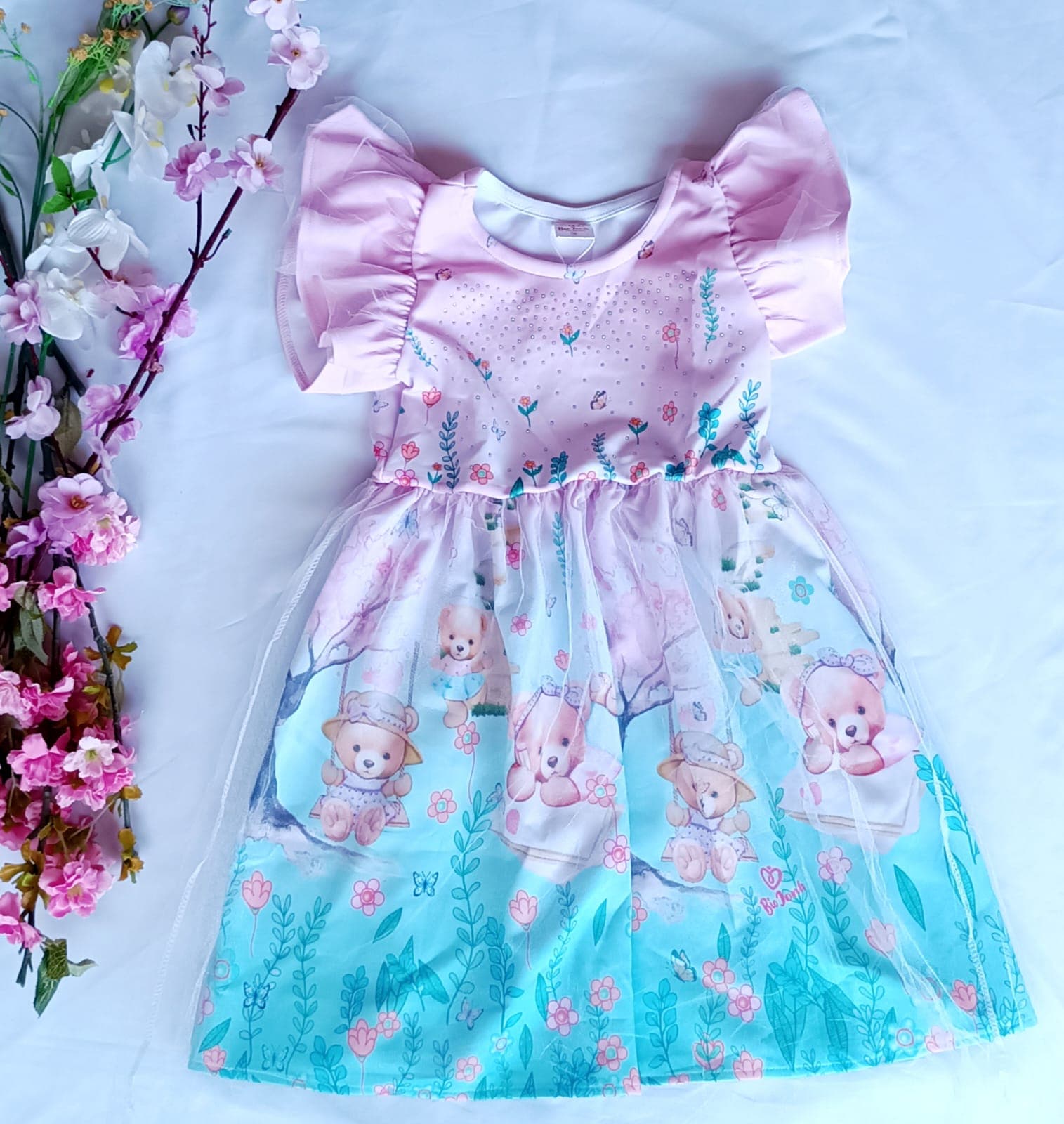 Vestido Infantil Menina Ursinhos Manga Bufante Rosa e Azul Nº 10