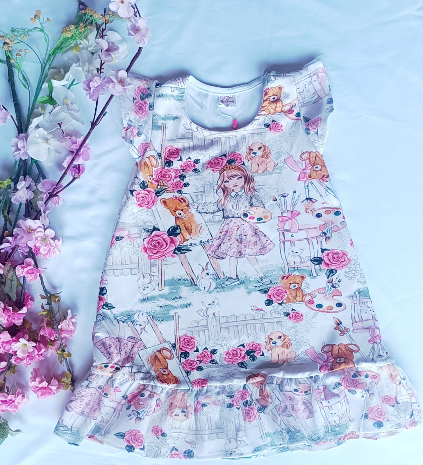 Vestido Infantil Menina Estampa Bonecas Manga Curta Nº 10